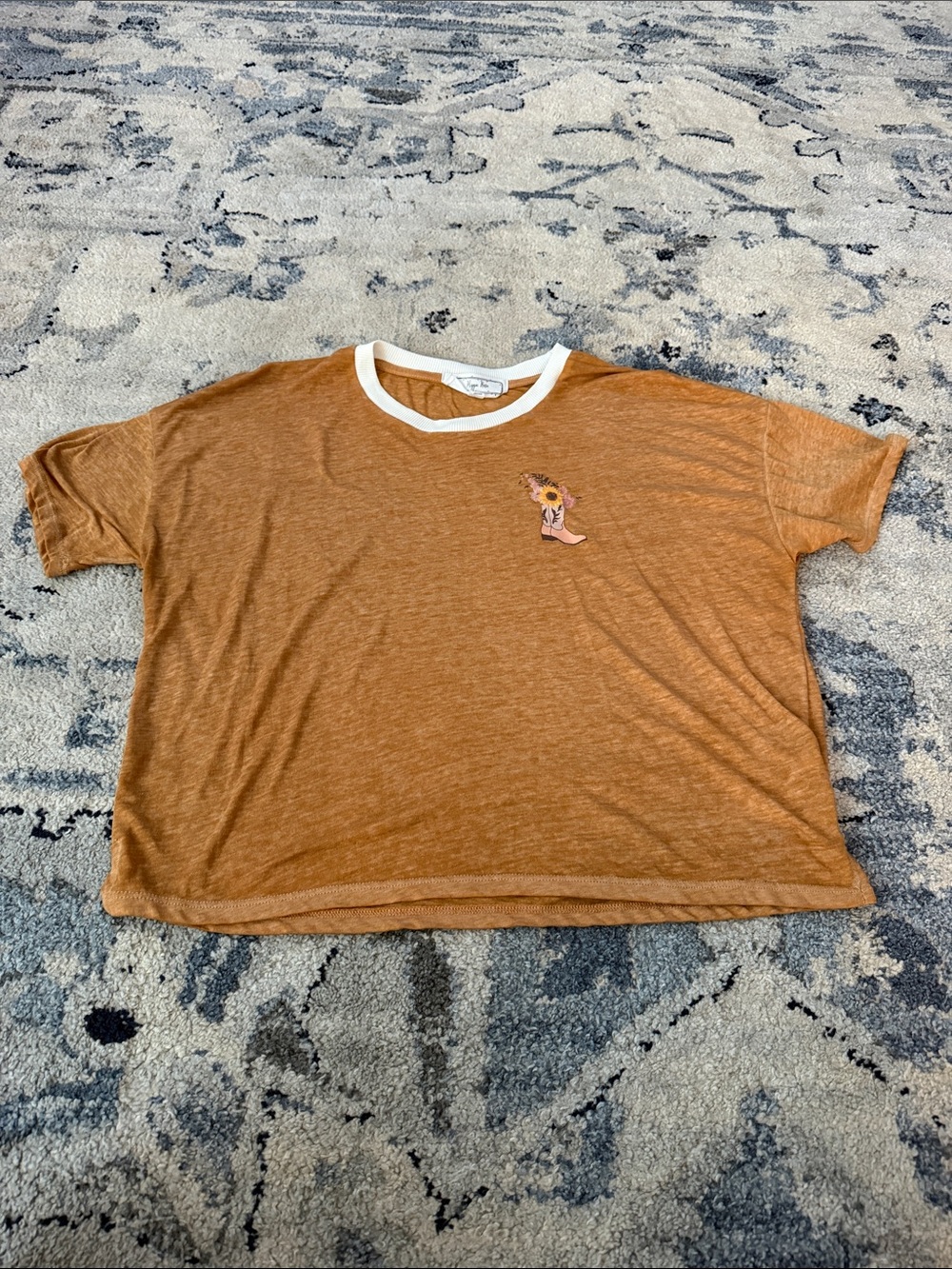 Hippie Rose Rust Orange Ringer Tee with Floral Cowboy Boot